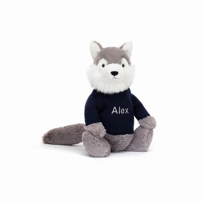 Jellycat Bashful Wolf with Navy Jumper New Zealand | UVXHO2759